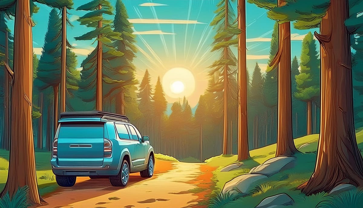 A cartoon drawing of a car parked on a trail leading into a pinewood forest, with the sun setting in the distance.